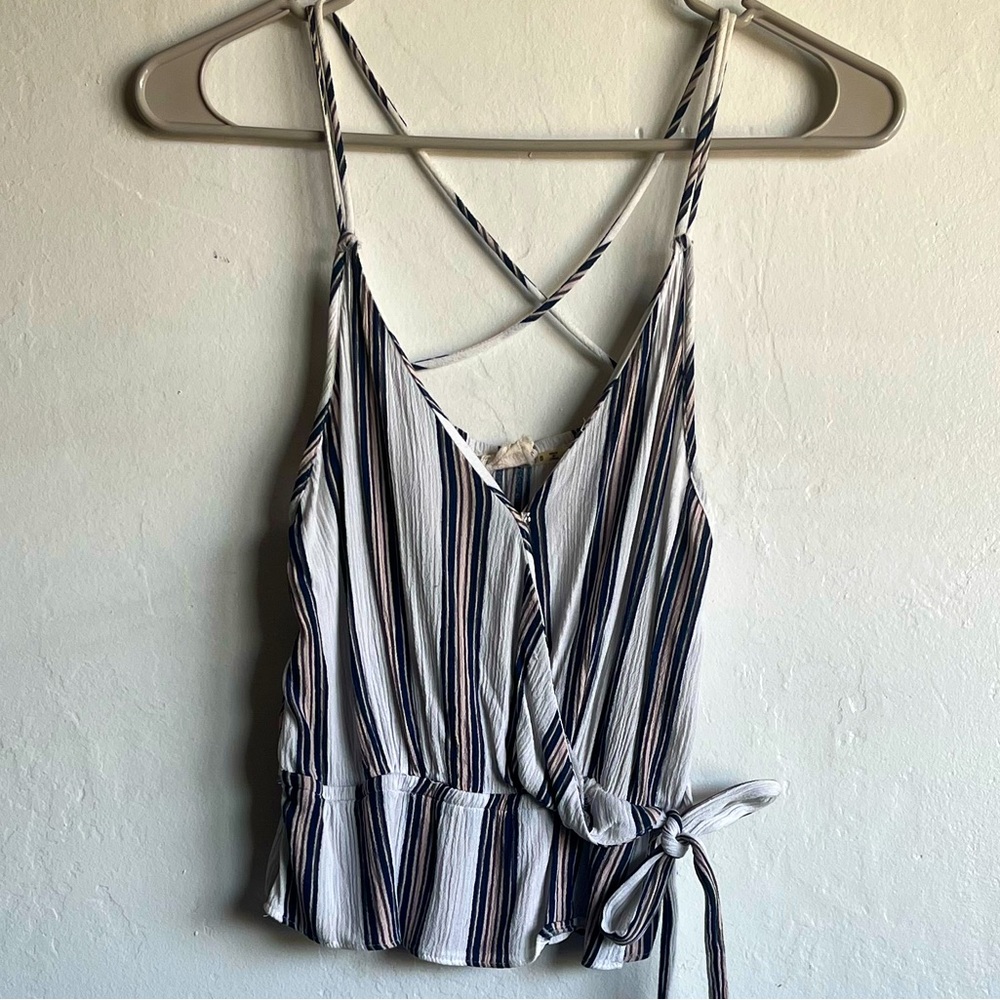 Blush, striped, white, navy blue, pink going out top. Size small
